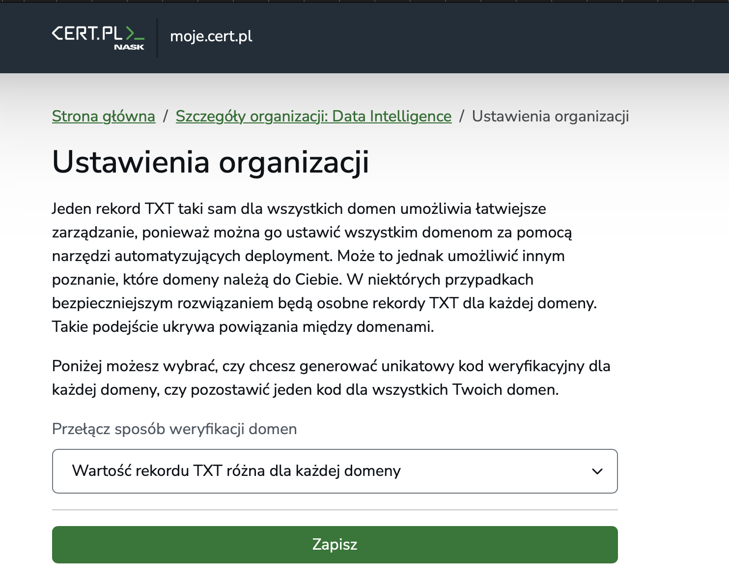 Unikalne rekordy TXT dla każdej domeny