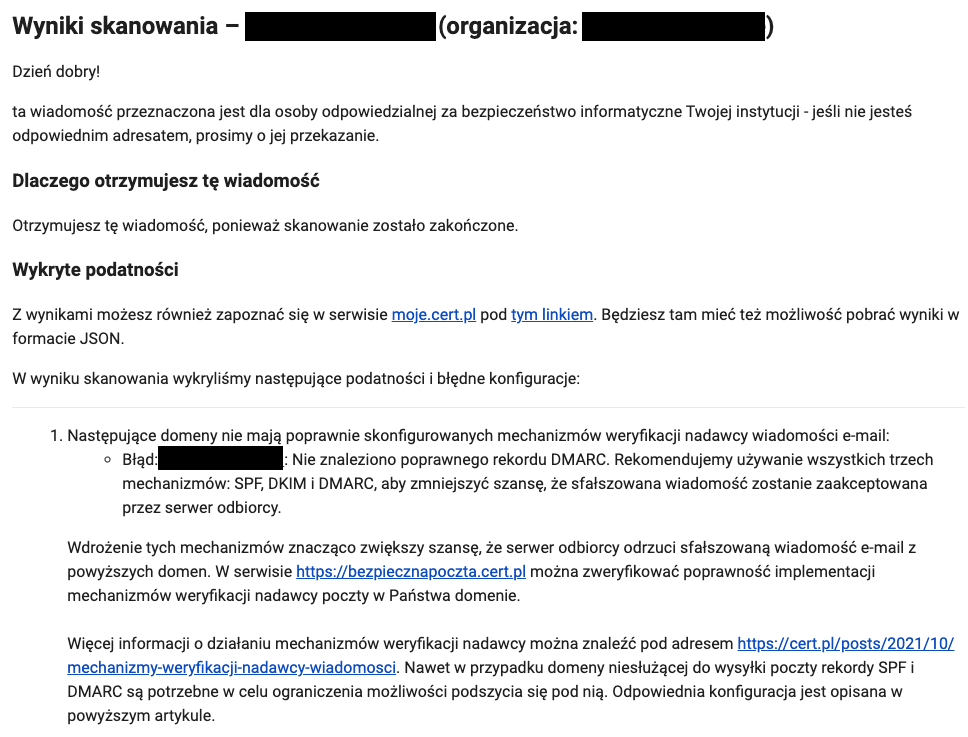 Raport mailowy z wynikami skanowania od moje.cert.pl
